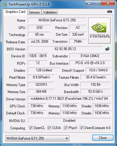 EVGA gtx275 Coop Physx Gpuz 250