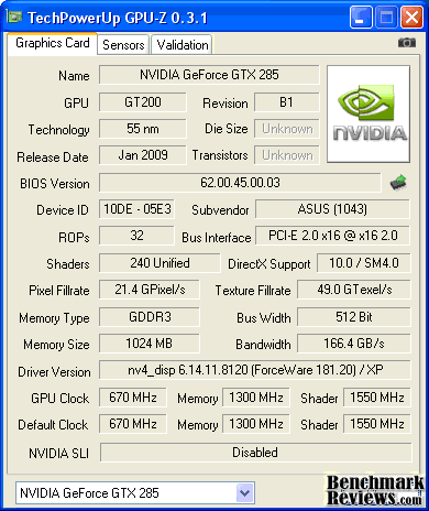 ASUS GTX 285 GPU Z