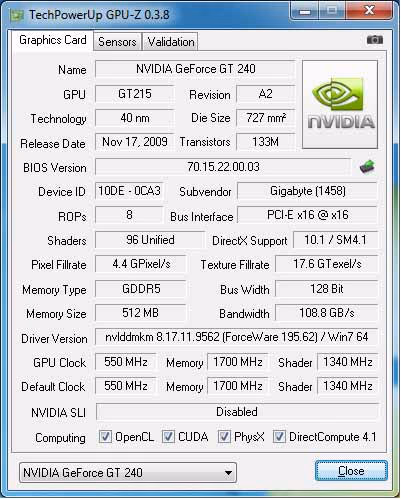 Gigabyte gt240 Specs