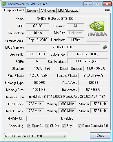 GPU Z NVIDIA GeForce GTS 450 1GB