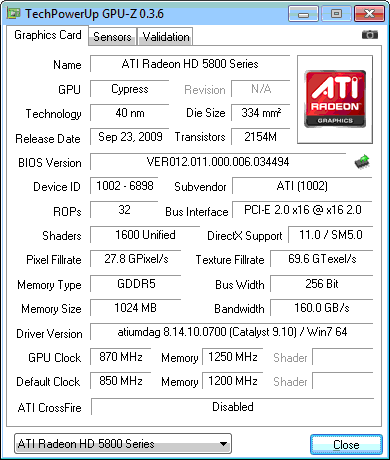 Sapphire Radeon HD5870 Vapor X GPU Z